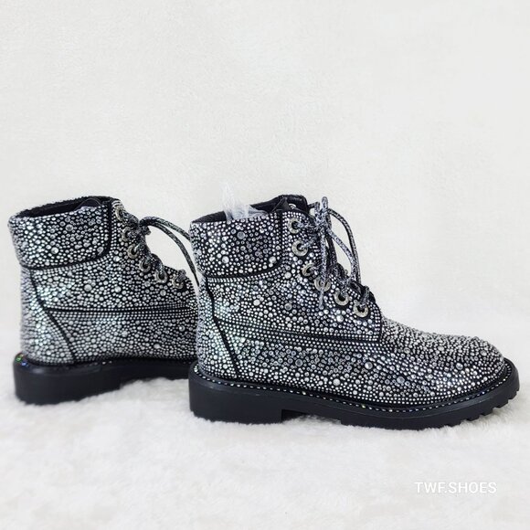 Shoes - Wonder Sparkling Rhinestone Combat Ankle Boot Metallic Black
